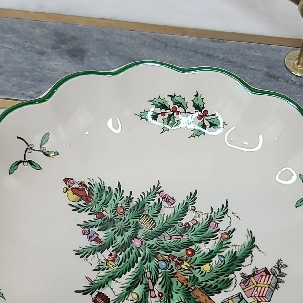 Spode Christmas Tree Vintage Collectible Small Round Scalloped/Fluted Platter